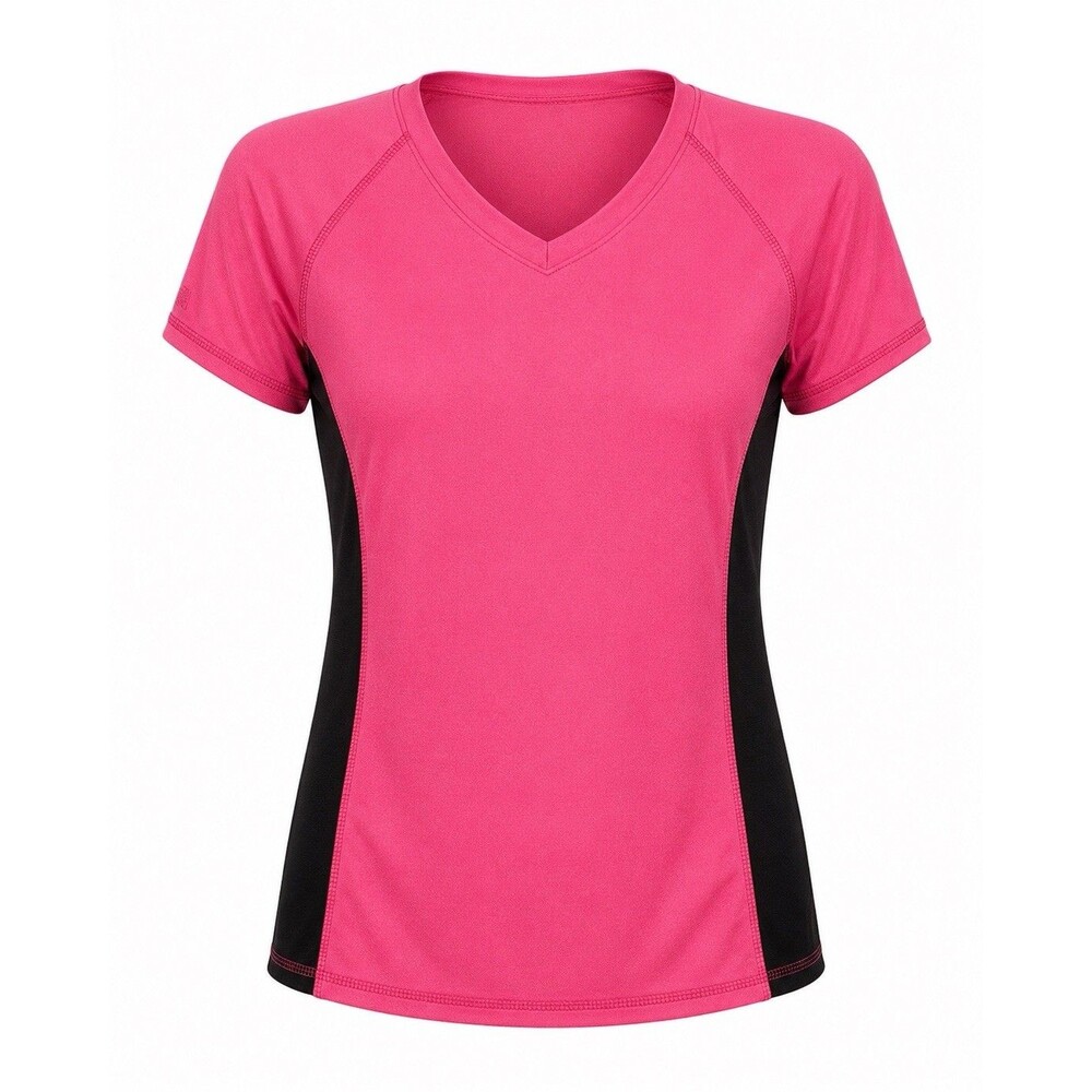 Women’s Activewear Tee Game Time Pink Black Poly Spandex V-Neck Size M